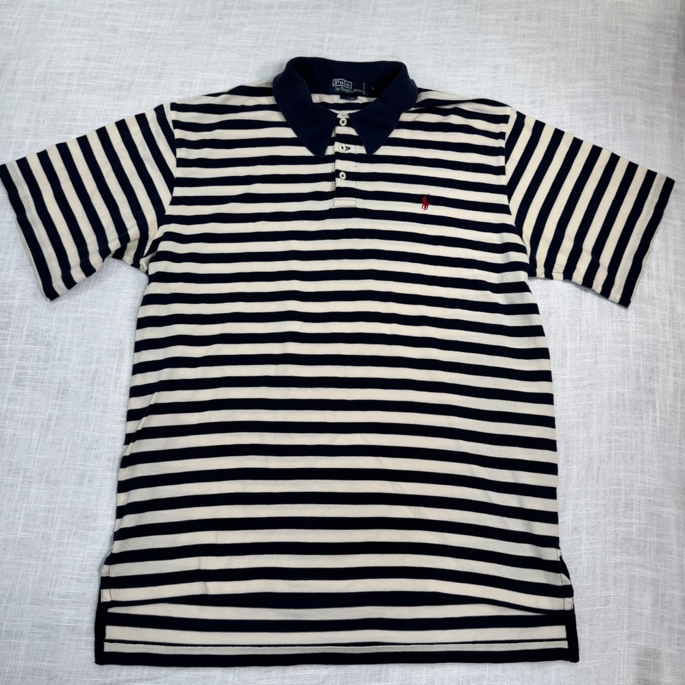 Polo Ralph Lauren Polo Shirt Men L Navy Stripe Short Sleeve Pique Preppy Classic - Picture 2 of 12
